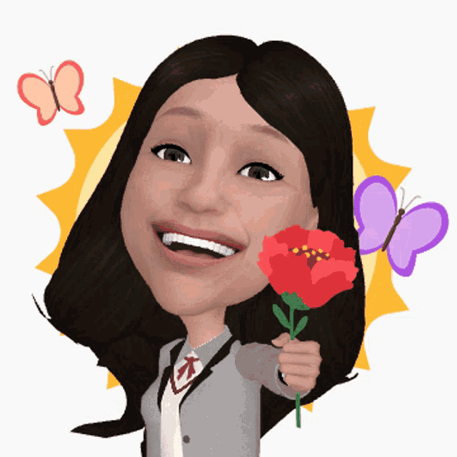a cartoon of a woman holding a red flower with butterflies around her