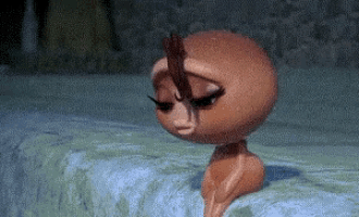 a cartoon character is sitting on a bed with her eyes closed and a bird on her head .