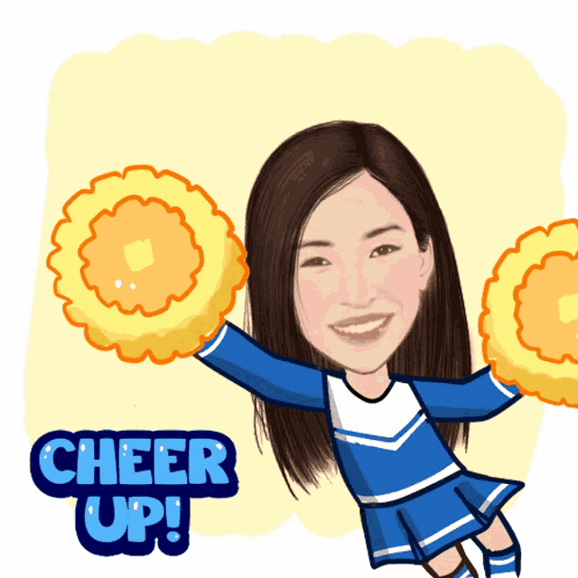 a cheerleader in a blue uniform holds up her pom poms with the words cheer up below her