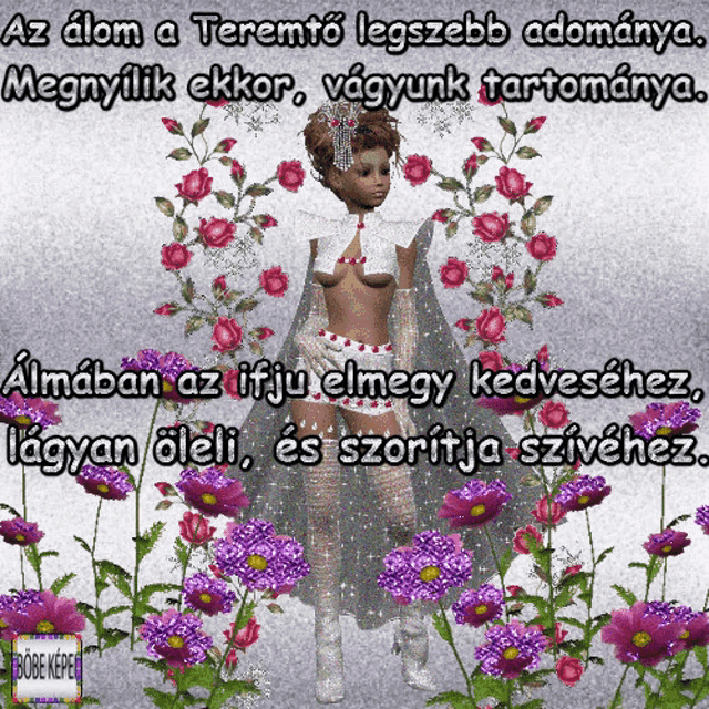 a picture of a woman surrounded by purple flowers with a foreign language caption