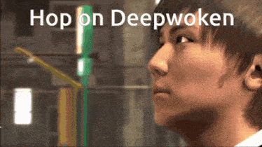 a close up of a person with the words hop on deepwoken above them