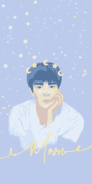 a drawing of a boy with blue hair and the word moon in yellow