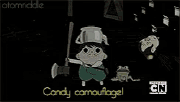 a cartoon character with an axe and a frog says candy camouflage .