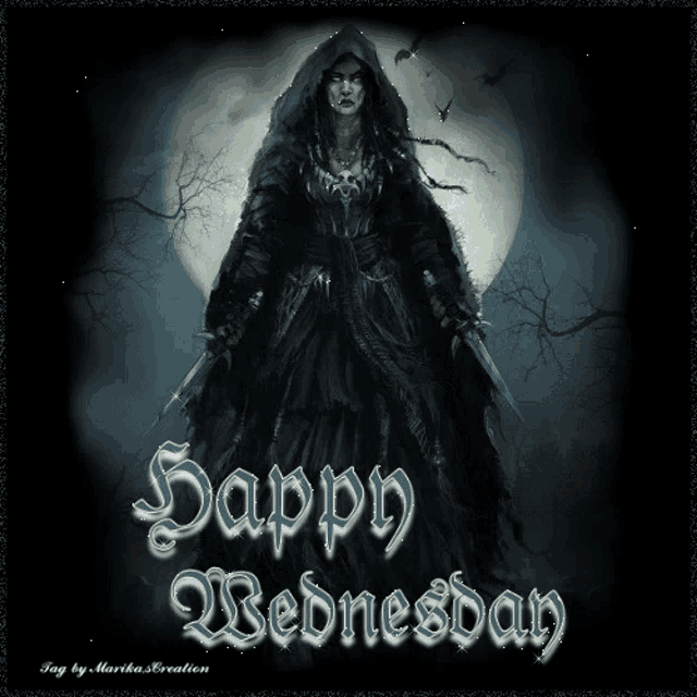 a happy wednesday greeting card with a witch holding knives
