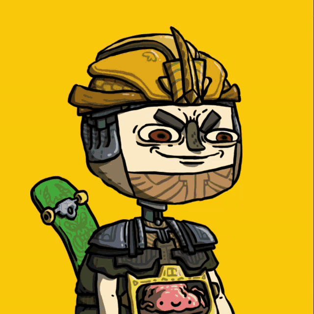 a cartoon drawing of a man with a skateboard on his back