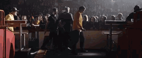 a crowd of people are gathered in a stadium with a sign that says nz on it