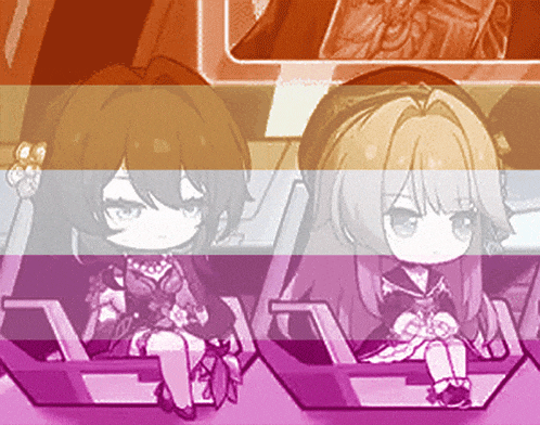two anime girls are sitting next to each other in a row on a pink background .