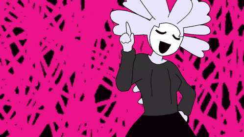 a cartoon character with white hair is standing in front of a pink background and giving the middle finger .