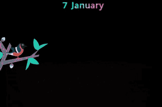 a bird is perched on a tree branch with the date 7 january