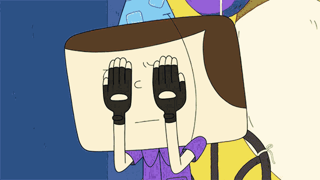 a cartoon character wearing a party hat and gloves covering his eyes