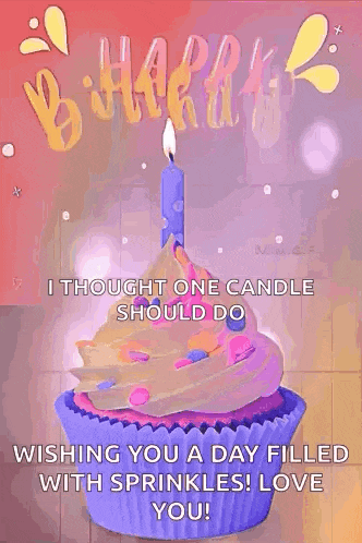 a birthday card with a cupcake and a candle on it .