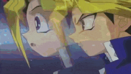 a couple of anime characters standing next to each other with their eyes closed