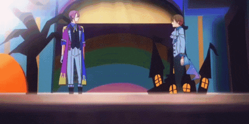 a couple of anime characters standing next to each other in front of a rainbow .
