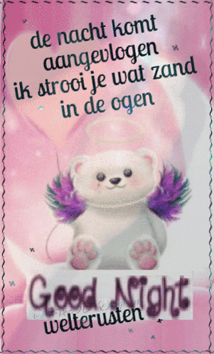 a teddy bear with purple feathers on its wings is on a pink background with the words good night welterusten
