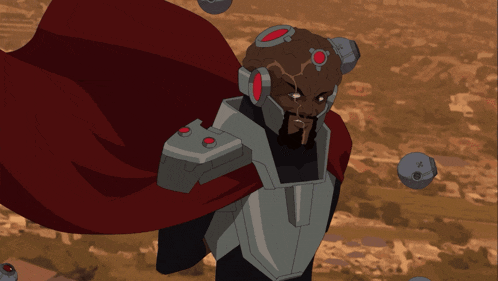 a cartoon character is flying through the air with a red cape over his head