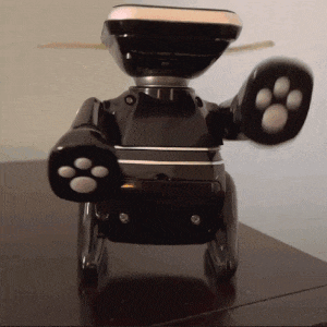 a black robot with paw prints on its feet is sitting on a table