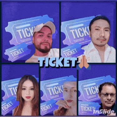 a group of people standing in front of tickets that say tick