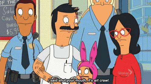 bob 's burgers shows a group of people standing around a sign that says ' salvia cauliflower '
