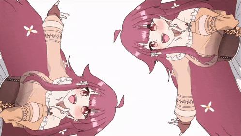 a cartoon drawing of two girls with purple hair and red eyes
