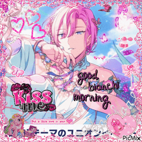 a picture of a man with pink hair and the words good bianchi morning on it
