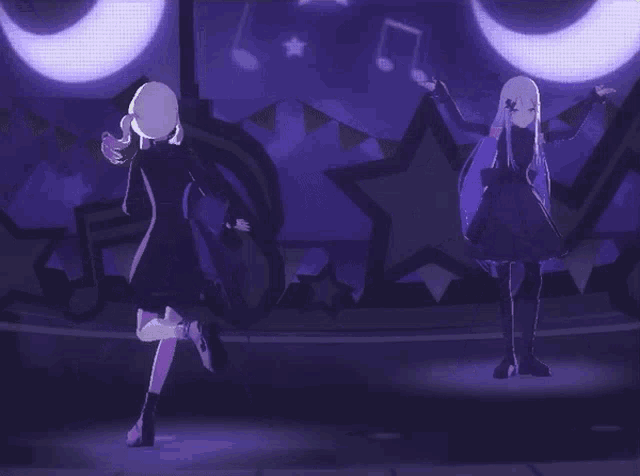 two anime girls are dancing on a stage with purple background