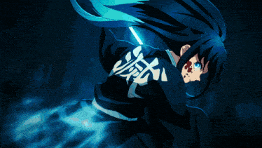 a person with long blue hair is surrounded by a blue light