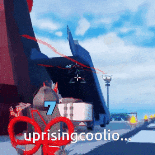 a video game character says uprising coolio in front of an airplane