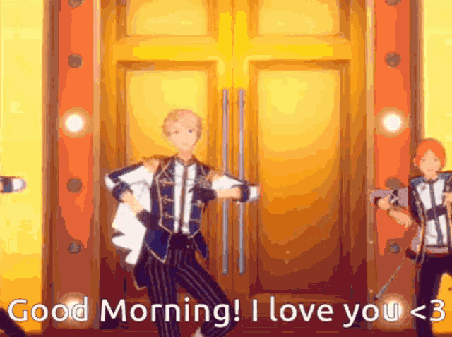 a couple of anime characters standing in front of a door with the words good morning i love you < 3