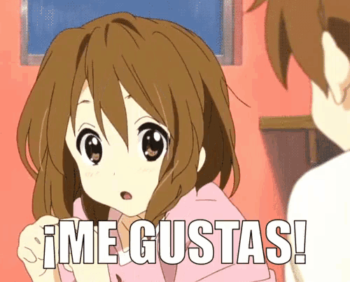 a cartoon girl says me gustas in front of a boy