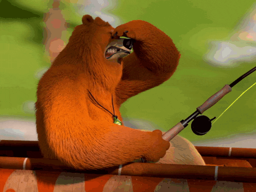 a cartoon bear is holding a fishing rod and looking at a fish