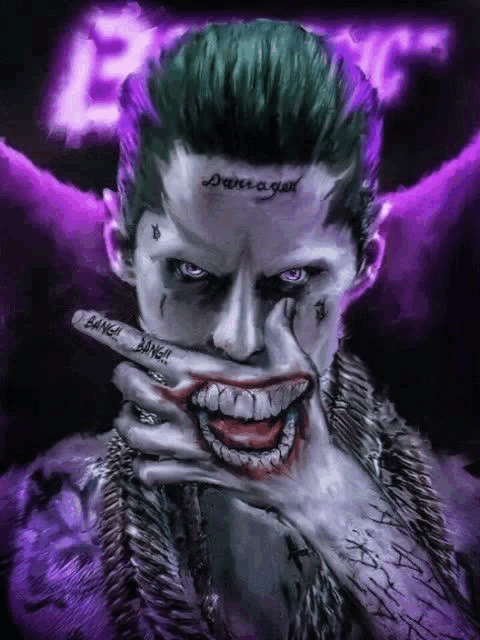 a drawing of the joker with purple eyes and a tattoo on his forehead that says damaged