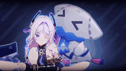 a girl with purple hair and blue eyes is laying down with a shield with the letter l on it