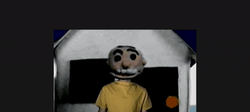 a cartoon character with a yellow shirt and a mustache is standing in front of a white house .