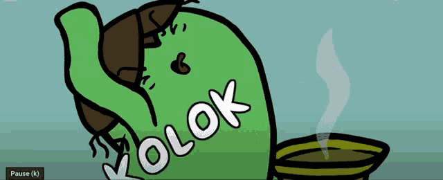 a cartoon of a green monster with a pause button