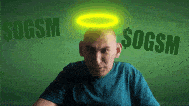 a man with a halo on his head has the words sogsm written on the green background