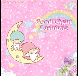 a pink background with two little twin stars on a cloud and the words good night lesbians
