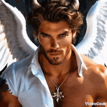 a man with horns and wings is wearing a white shirt .