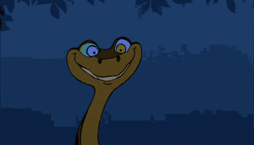 a cartoon snake is smiling and looking up at the camera