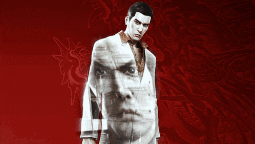 a man in a white suit is standing in front of a red patterned background