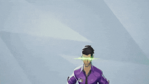 a man in a purple shirt and tie has a badge on his chest that says mc on it