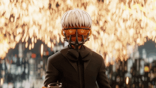 a man with a mask on his head holds a glass