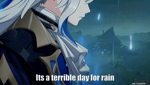 a screenshot of a video game with the caption " its a terrible day for rain "