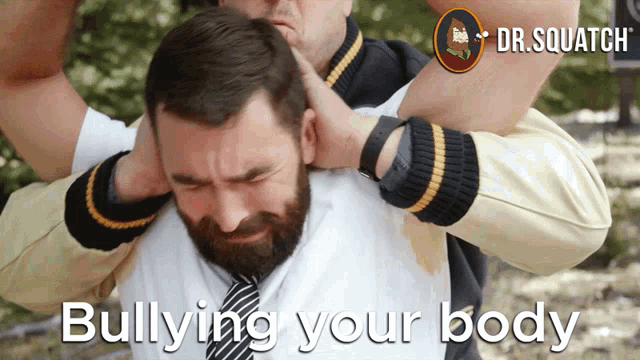 a man with a beard is being bullied by another man with the words " bullying your body " below him