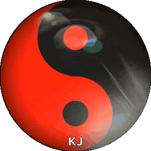 a red and black yin yang symbol with the letters kj on the bottom