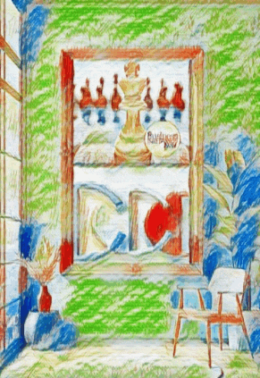 a colorful drawing of a room with a chess board on a shelf