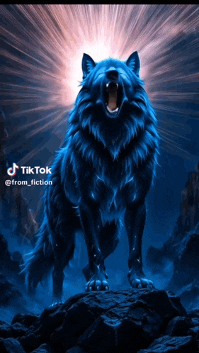 a blue wolf is standing on a rock with its mouth open in the dark