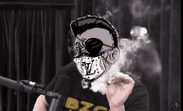 a drawing of a man wearing a louis vuitton mask smoking a cigarette