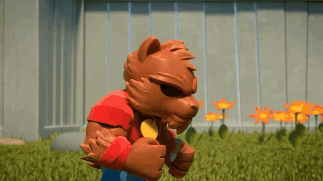 a cartoon character is standing in the grass with flowers behind him