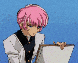 a cartoon character with pink hair is holding a piece of paper