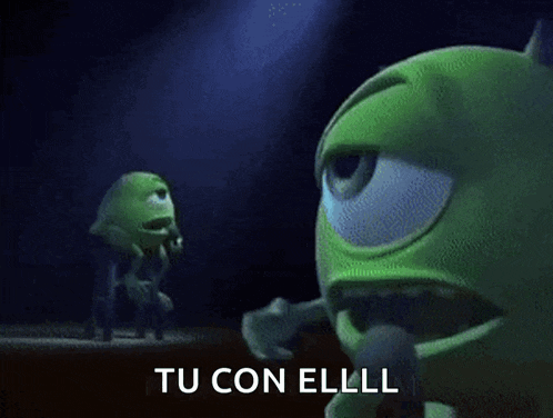 mike wazowski from monsters inc holds a microphone in his mouth
